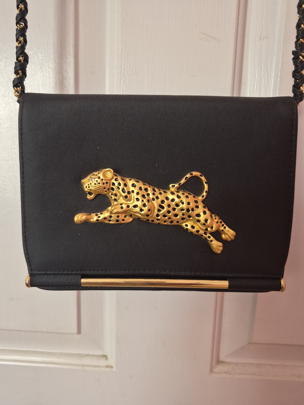 Nima,vintage 80s Black Shoulder Bag with Gold Leopard Accent